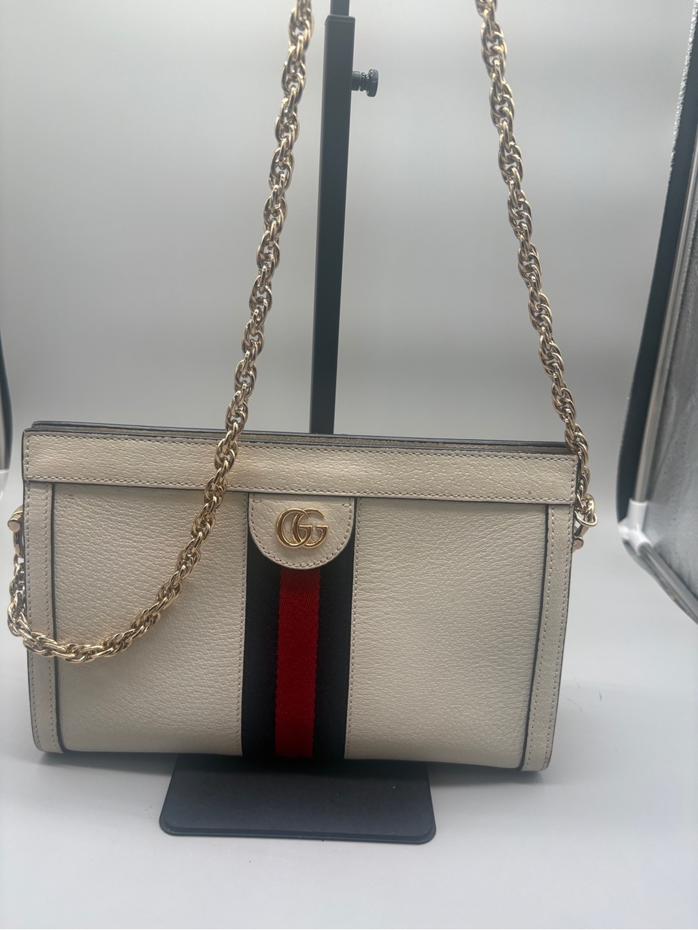 Gucci Cream Leather Shoulder Bag with Red & Navy Web Stripe